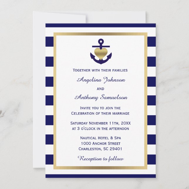 Invitación Boda de la Marina de Oro Nautical con Clásica Pers (Anverso)