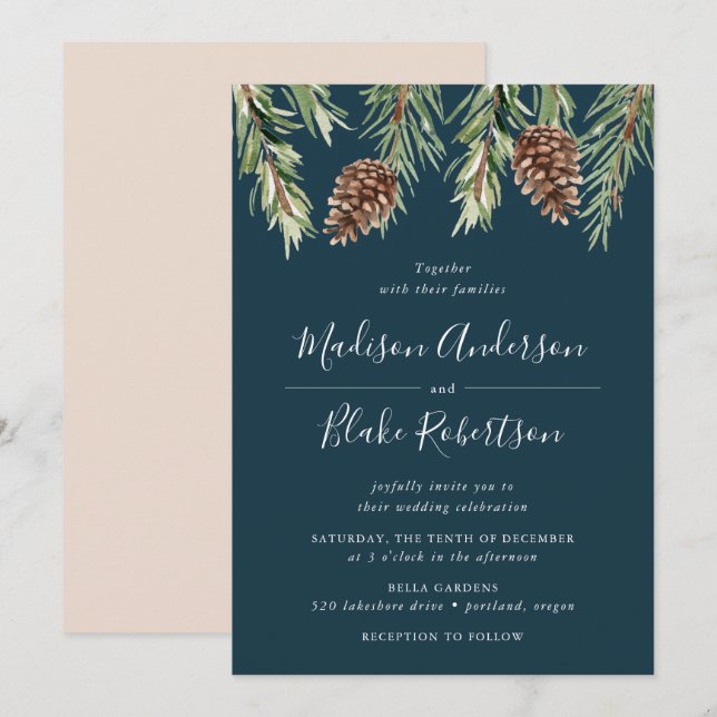 Invitación Boda de la Marina de Pino Cono de Agua de Invierno (Anverso / Reverso)