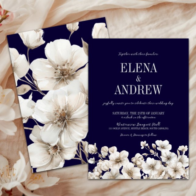 Invitación Boda de la Marina Elegante y Floral Blanca (Elegant Navy & White Floral Wedding Invitation, Winter Wedding, Fall Autumn Flowers, Love in Bloom)
