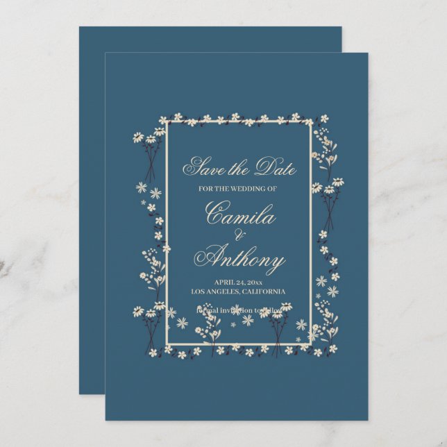 Invitación Boda de la Marina en la frontera floral blanca sal (Anverso / Reverso)