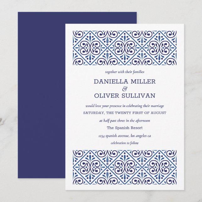 Invitación Boda de la Marina Española Indigo Tile (Anverso / Reverso)