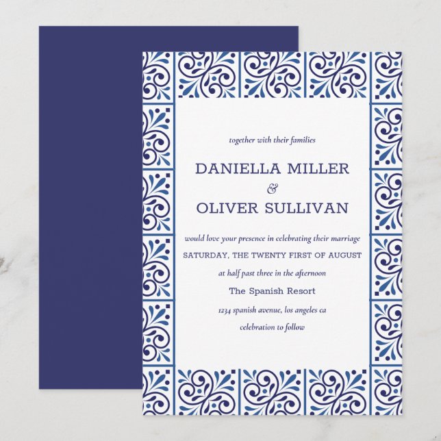 Invitación Boda de la Marina Española Indigo Tile (Anverso / Reverso)
