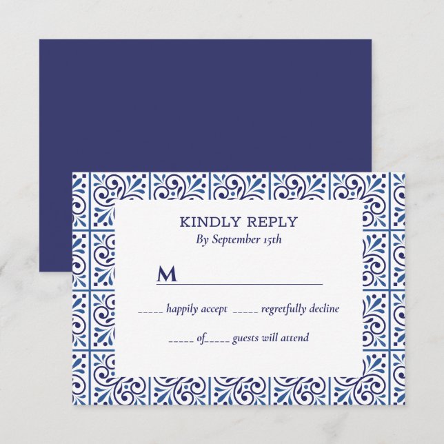 Invitación Boda de la Marina Española Indigo Tile (Anverso / Reverso)