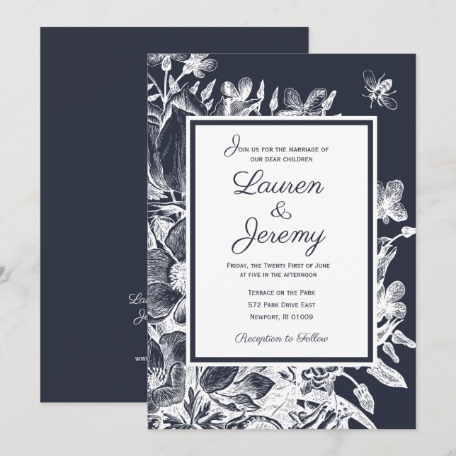 Invitación Boda de la Marina Floral y Blanco (Anverso / Reverso)