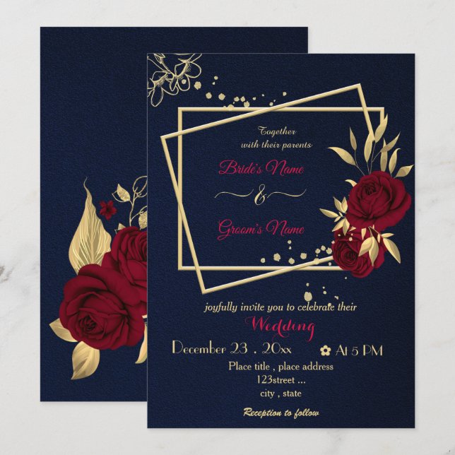 Invitación boda de la marina geométrica de las flores de burd (Anverso / Reverso)