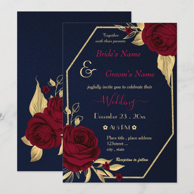 Invitación boda de la marina geométrica de las flores de burd (Anverso / Reverso)