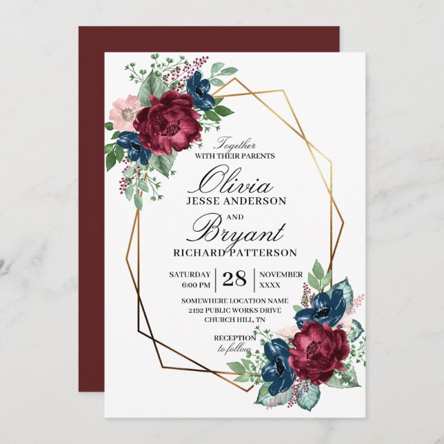 Invitación Boda de la Marina Gold Geo Burgundy Floral (Anverso / Reverso)