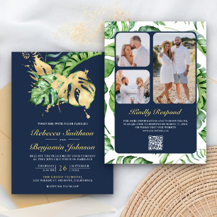 Invitación Boda de la Marina Gold Monstera Tropical Palm QR C