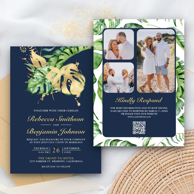 Invitación Boda de la Marina Gold Monstera Tropical Palm QR C (Subido por el creador)