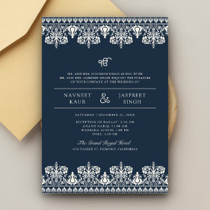 Invitación Boda de la Marina Ivory Damask Border Anand Karaj 