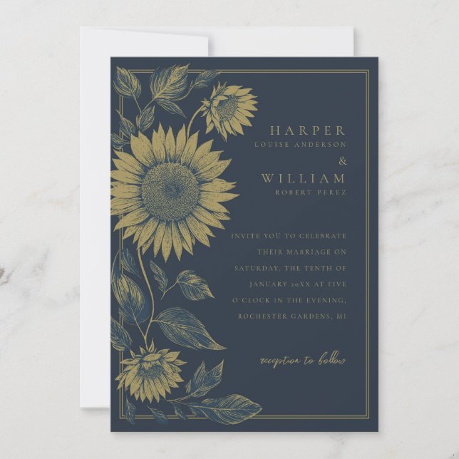 Invitación boda de la Marina Monocroma y el Girasol Oro (Anverso)
