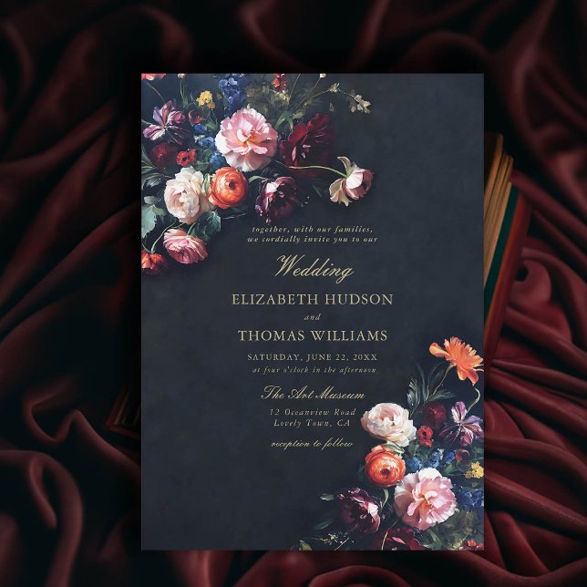 Invitación Boda de la Marina Moody Bouquet (dark romance wedding invitation fairytale romantic black navy dutch masters floral modern classic)