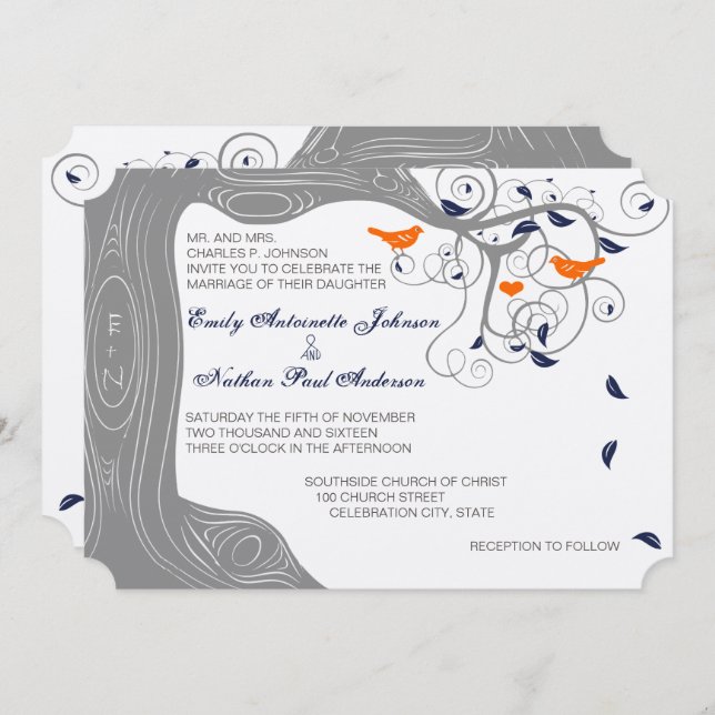 Invitación Boda de la Marina Naranja de Aves de Amor Romántic (Anverso / Reverso)
