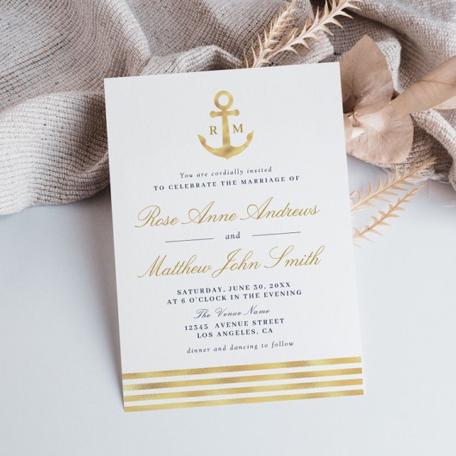 Invitación Boda de la marina náutica, ancla de oro marino (Subido por el creador)