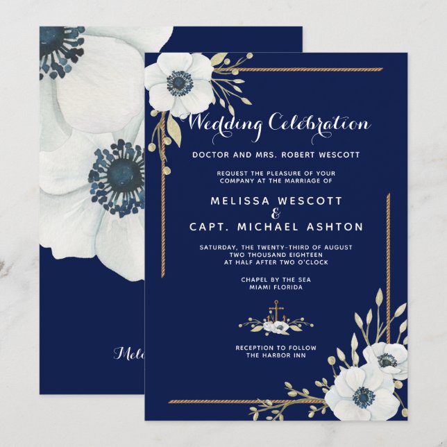 Invitación Boda de la Marina Náutica Formal Anemone Blanca (Anverso / Reverso)