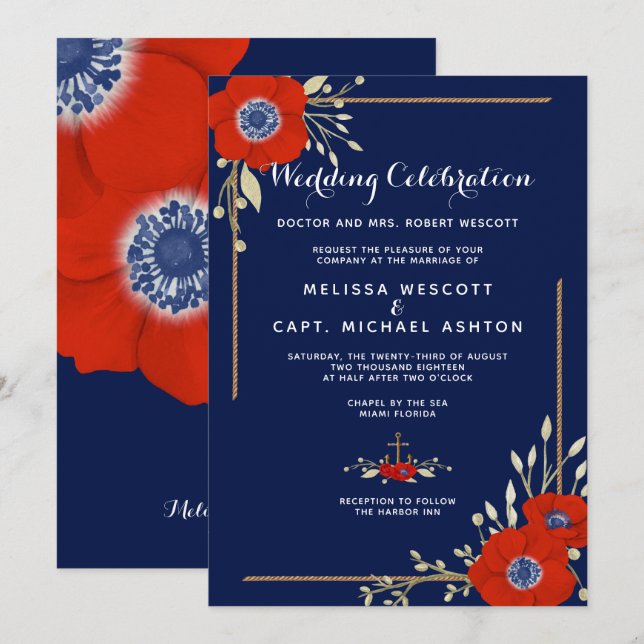 Invitación Boda de la Marina Náutica Formal de Anemone Roja (Anverso / Reverso)