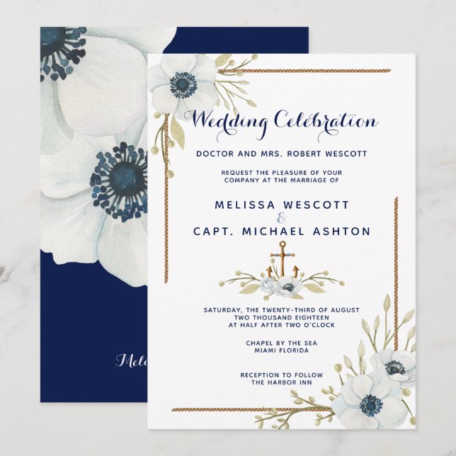 Invitación Boda de la Marina Náutica Formal y Anemone Blanco (Anverso / Reverso)