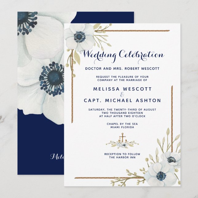 Invitación Boda de la Marina Náutica Formal y Anemone Blanco (Anverso / Reverso)