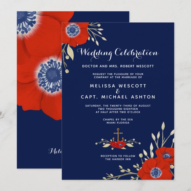 Invitación Boda de la Marina Náutica Roja Anemona Formal (Anverso / Reverso)