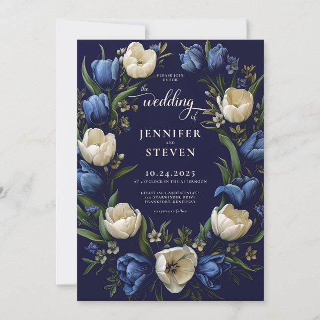 Invitación Boda de la Marina Romántica Azul y Tulipano Blanco (Anverso)