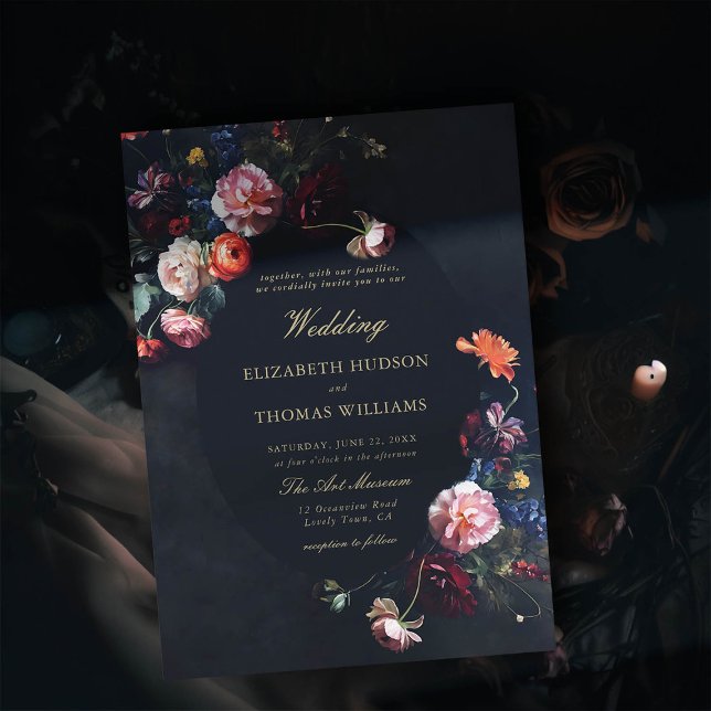 Invitación Boda de la Marina Romántica Negra de cuento de had (dark romantic wedding invitation fairytale romance black navy dutch masters floral painting elegant)