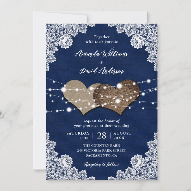 Invitación Boda de la Marina Rusa Blue Burlap Lace (Anverso)