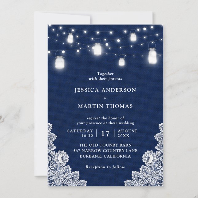 Invitación Boda de la Marina Rusa Blue Mason Jar Lights (Anverso)