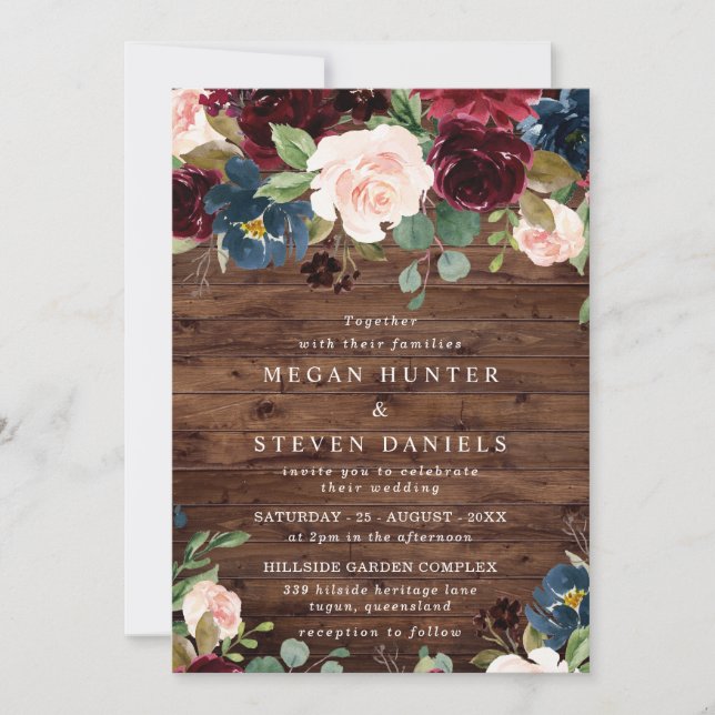Invitación Boda de la Marina Rustic Deep Red Wine Burgundy de (Anverso)