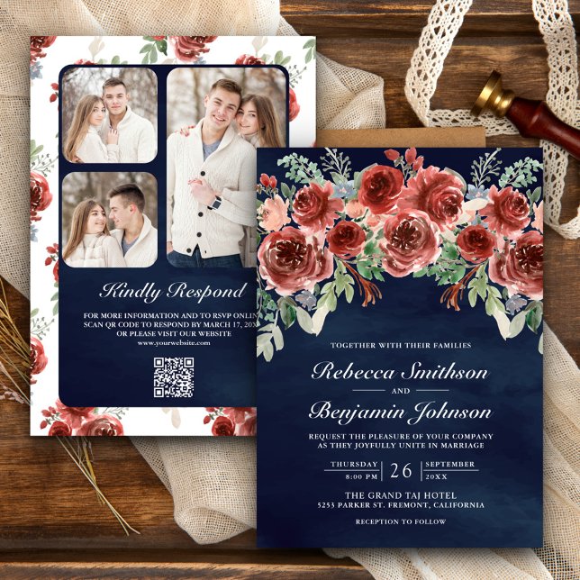 Invitación Boda de la Marina Rustic Marsala Floral Photo QR C (Subido por el creador)