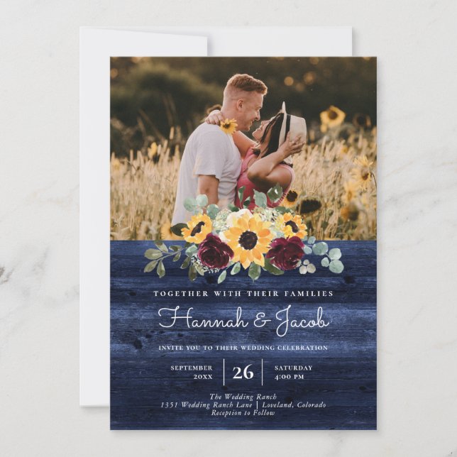 Invitación Boda de la Marina Rustica de Fotografía de Girasol (Anverso)
