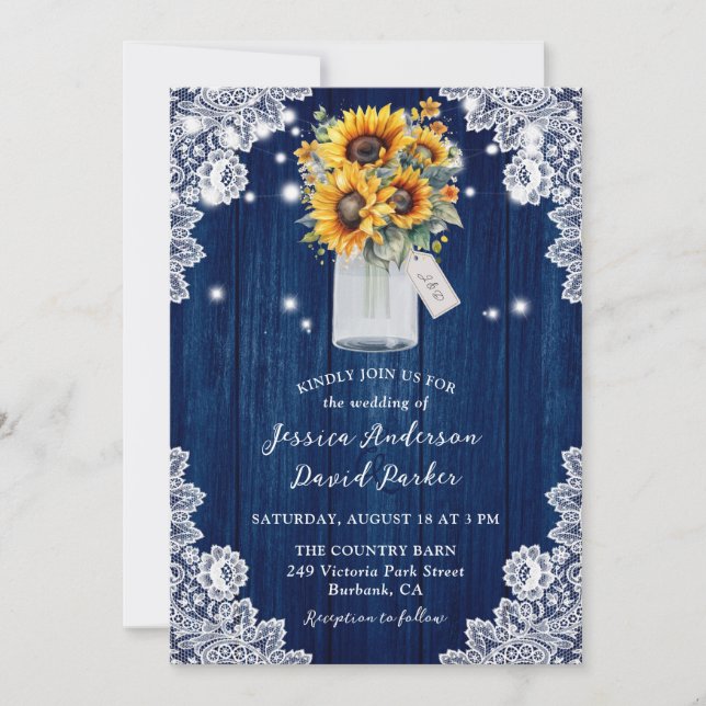 Invitación Boda de la Marina Sunflower Blue Wood Lace Mason J (Anverso)