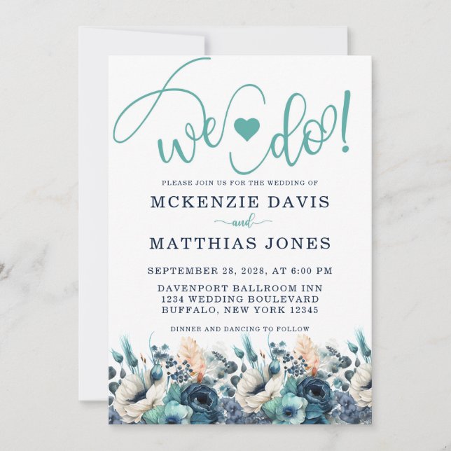 Invitación Boda De La Marina Turquesa Floral Azul (Anverso)