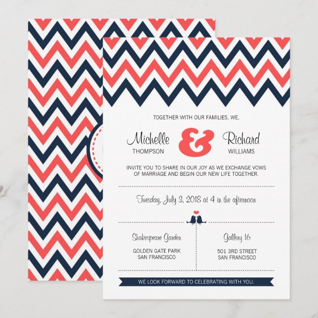 Invitación Boda de la Marina y Coral Moderna Chevron & Lovebi (Anverso / Reverso)