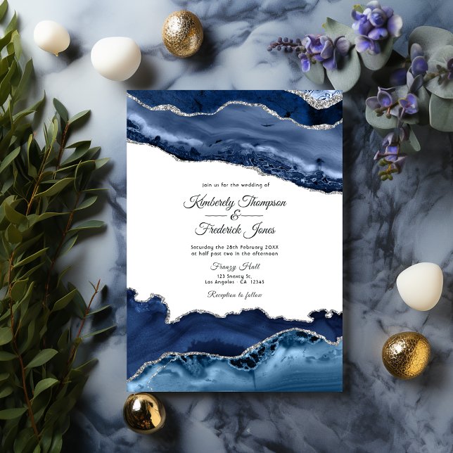 Invitación Boda de la Marina y el Agate de Plata (Navy and Silver Agate)