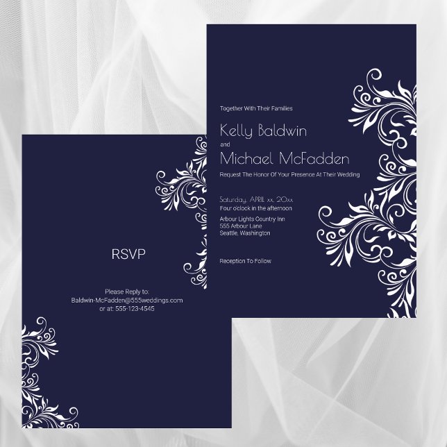 Invitación Boda de la Marina y el Estilo Blanco Elegante (Navy and White Elegant Style Wedding Invitation)