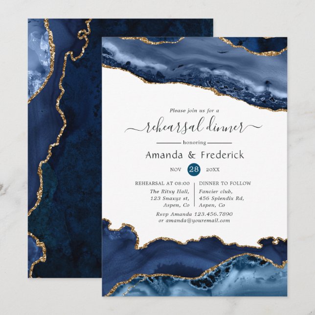 Invitación Boda de la Marina y el Oro Agate Ensayo Cena (Anverso / Reverso)