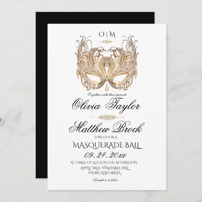 Invitación Boda de la mascarada blanca de oro (Anverso / Reverso)
