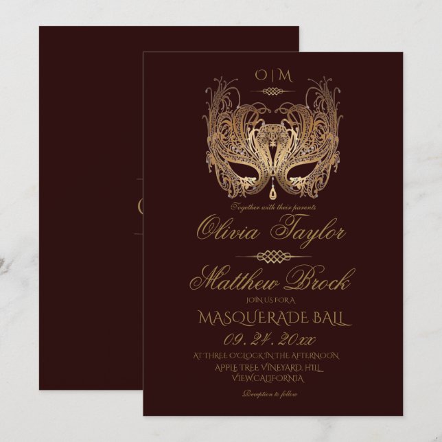 Invitación Boda de la Mascarada de Borgoña Dorada (Anverso / Reverso)
