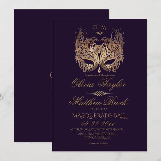 Invitación Boda de la mascarada morada de oro (Anverso / Reverso)