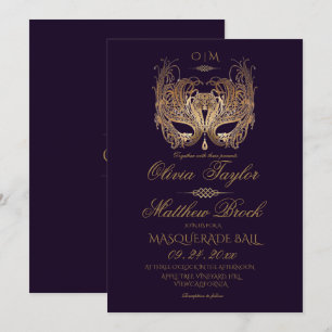 Invitación Boda de la mascarada morada de oro