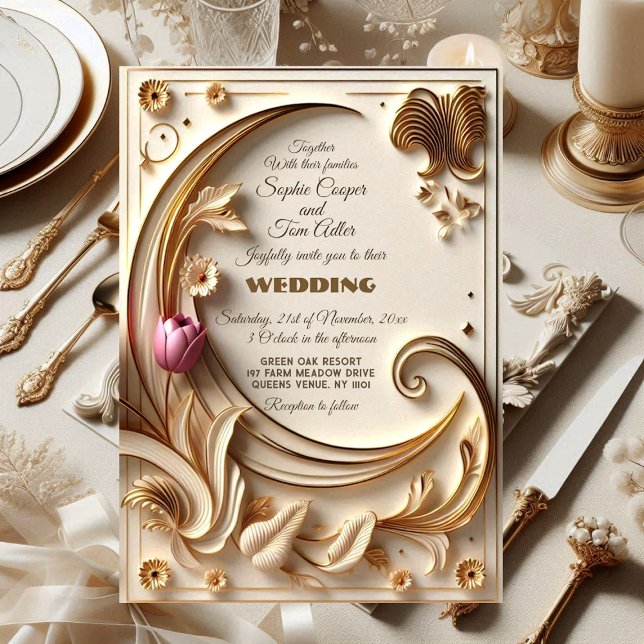 Invitación Boda de la Media Luna Asimétrica Barroca de Marfil (Golden Ivory Baroque Half Moon Wedding Invitation)