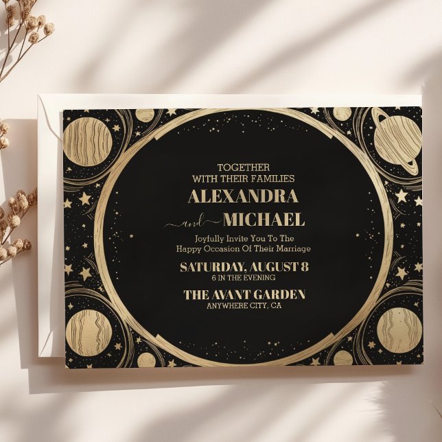 Invitación Boda de la Media Luna de Oro Negro Celestial (Subido por el creador)