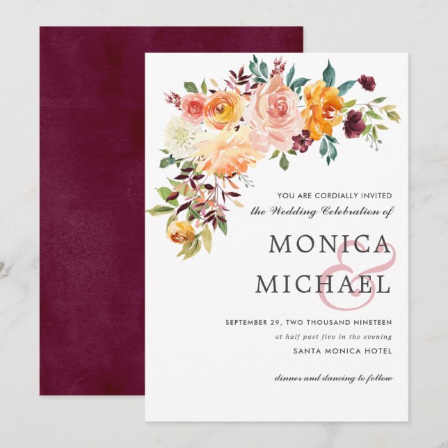 Invitación Boda de la Moda de la esquina floral de Country Bl (Anverso / Reverso)