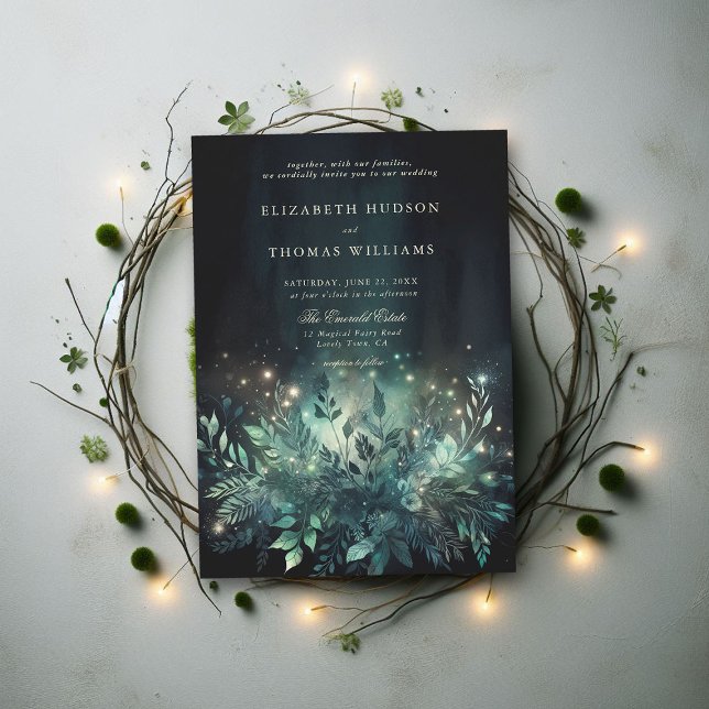 Invitación Boda de la Moda de las luces de hadas encantadas d (enchanted forest wedding invitation elegant magical fairy garden foliage greenery emerald night boho)