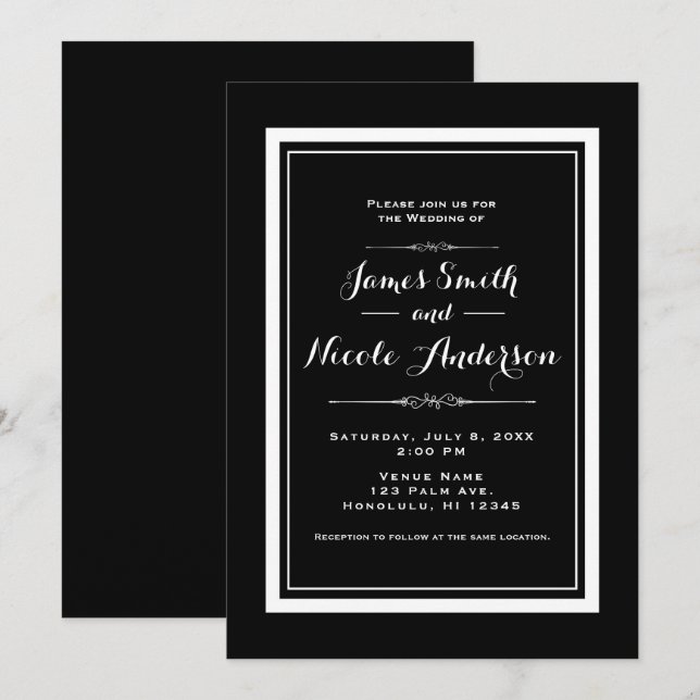 Invitación Boda de la Moda elegante en blanco y negro (Anverso / Reverso)