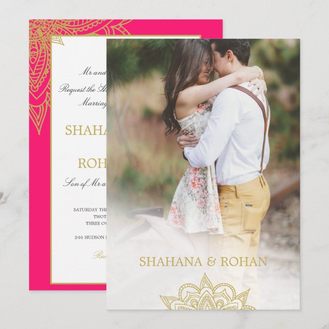 Invitación Boda de la Moda Oro Rosa, de estilo indio formal (Anverso / Reverso)