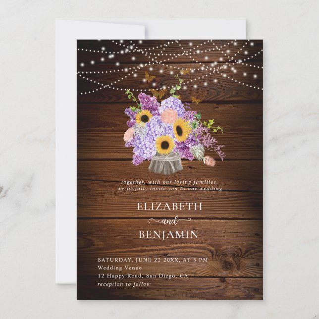 Invitación Boda de la Moda Rustic Sunflower Hydrangea Lilac (Anverso)