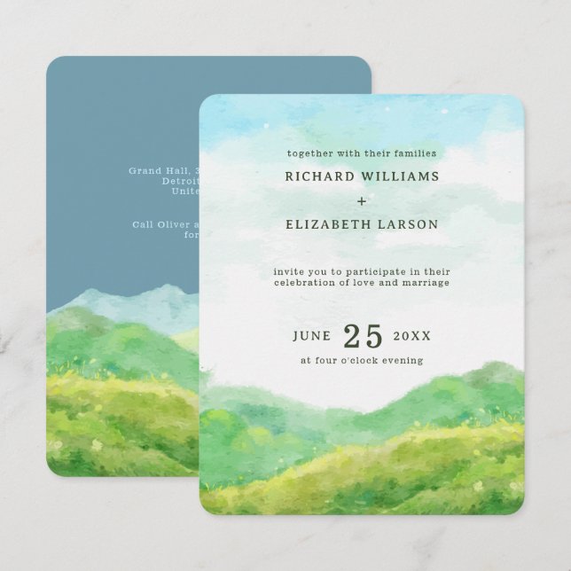 Invitación Boda de la montaña acuarela (Anverso / Reverso)