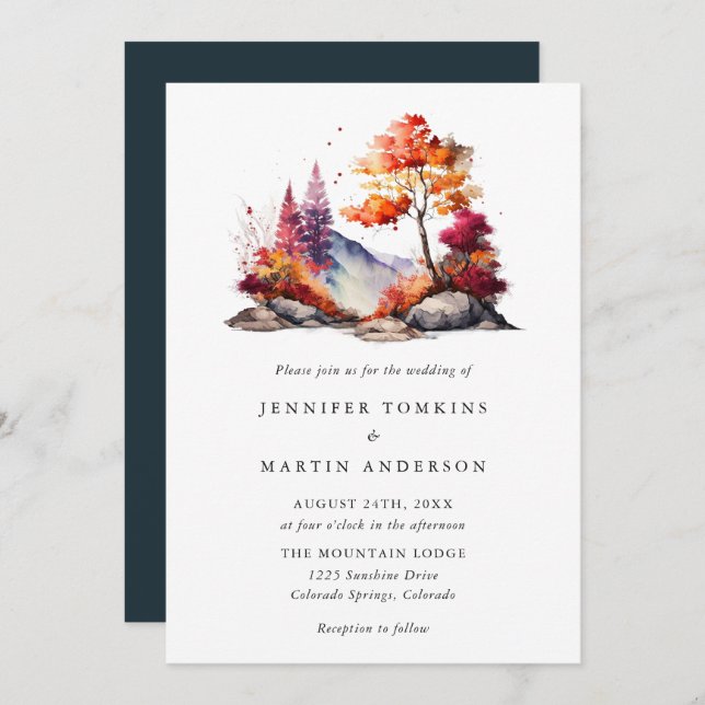 Invitación Boda de la Montaña Forestal del Otoño de Otoño (Anverso / Reverso)