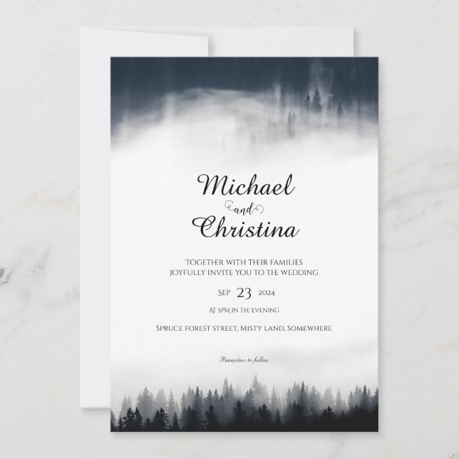 Invitación Boda de la naturaleza del bosque de abeto de niebl (Anverso)